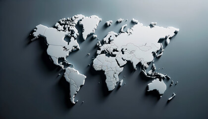 Poster - Monochrome 3D world map with reflective surfaces against a dark background. Modern mapping technique. Generative AI