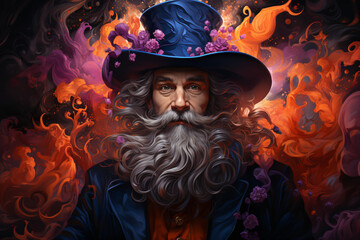 wizard, magician, sorcerer in a hat. fantasy character. portrait of a man with a mustache and curly beard, illustration in orange-purple tones.