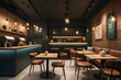 © Rudi - A cozy and inviting coffee shop, with warm lighting and comfortable seating, perfect for networking and discussing business ideas over a cup of coffee. Generative AI