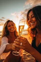 Canvas Print - Two women toasting with champagne glasses on the beach. Generative AI.