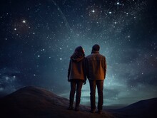 A Portrait From Behind Of A Romantic Couple Man Male And Woman Female Looking At Stars In Night Sky