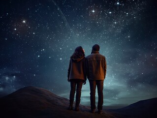 a portrait from behind of a romantic couple man male and woman female looking at stars in night sky