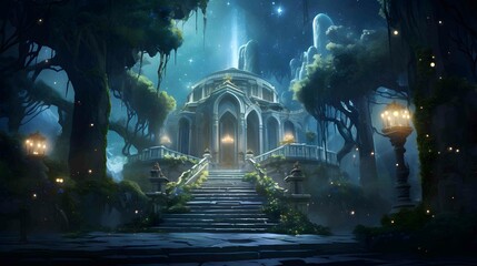 Wall Mural - jungle temple under a starry night sky