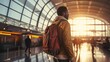 © Kowit - The guy with the backpack at the airport. Young handsome man waiting for boarding, walks through airport terminal.