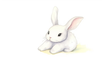 Sticker - Watercolor sketch illustration of an adorable and friendly tiny kawaii baby bunny, children's book illustration, white background