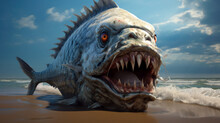 Giant Piranha With Sharp Teeth On The Seashore
​