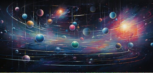 Wall Mural - celestial spheres of color suspended in a pixelated void, forming a mesmerizing celestial constellat