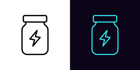 Outline energy supplement icon, with editable stroke. Bottle with lightning sign, sport nutrition. Energetic supplement for strength, speed and stamina. Sport medicine, bottle with pills. Vector icon