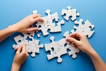 Hands Holding Puzzle.hands Holding Jigsaw Puzzle.hands Holding Puzzle Pieces.Connecting Puzzle Piece.People Holds In Hand A Jigsaw Puzzle. Business Solutions, Success And Strategy.