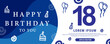 18 year celebration Creative Happy Birthday Text. Blue color decorative banner design, Vector illustration.