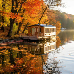 Sticker - Artistic Houseboat on Tranquil Lake Surrounded by Nature