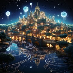 Wall Mural - a surreal city skyline of floating islands, adorned with intricate patterns of illuminated circuits.