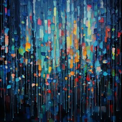 Wall Mural - pixelated raindrops falling through a virtual storm, creating a symphony of abstract motion and colo