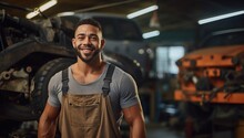 A Young African American Mechanic Smiles At The Camera Against The Backdrop Of An Auto Repair Shop.