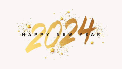 Wall Mural - Happy New Year 2024 banner. Handwritten golden symbol of 2024 New Year. Holiday card with bright golden stars, confetti and handwritten calligraphy text lettering. Vector Illustration for social media