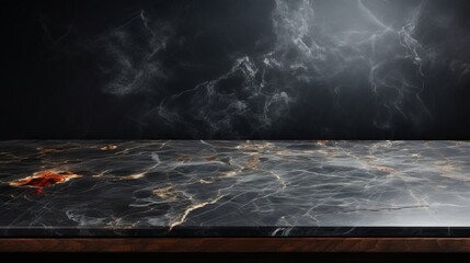 Black marble countertop against a black wall an empt