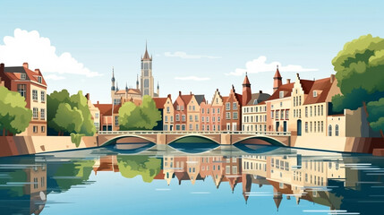 copy space, simple vector illustration, typical view of the canals in bruges, belgium. hand drawn, v