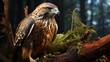 A red-tailed hawk perched on a branch clutching