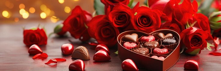 Wall Mural - Romantic Valentine's Day Composition with Red Roses and Heart-Shaped Chocolate Box