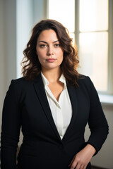 Poster - Woman in black suit and white shirt standing in front of window.