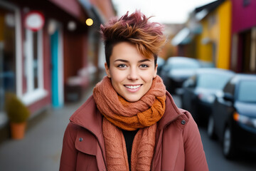 Sticker - Woman with scarf around her neck smiling at the camera.