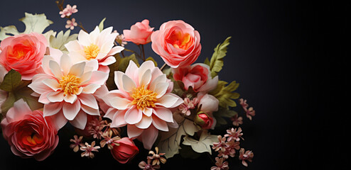 Poster - Floral Arrangement on black background. Festive flower composition for Valentine's day or Mother's day.