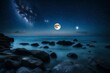 picturesque starry sky with full moon over sea at night--