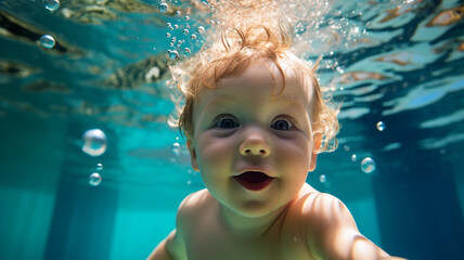 Wall Mural - baby swimming underwater in the swimming pool