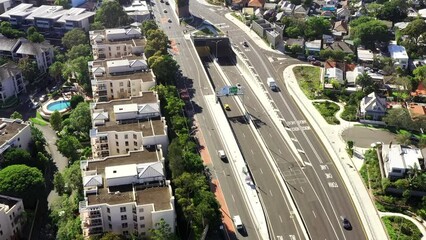 Poster - Rozelle interchange tunnel entry for Victoria road motorway in Sydney aerial 4k.
