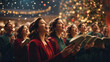 An abstract depiction of a choir singing carols amidst shimmering bokeh lights, capturing the joyous spirit of a festive musical celebration.