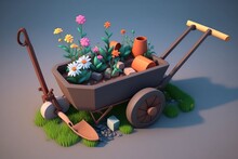 Wheelbarrow With Flowers And Gardening Equipment