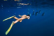 © artifirsov - Woman swims with dolphins family in blue ocean in Mauritius