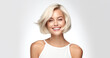 © Mali - Portrait of young happy woman with blond bob hairstyle. Skin care beauty, skincare cosmetics, dental concept, isolated over white background.