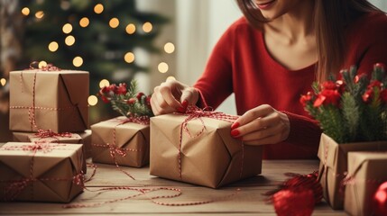 Young woman making gift wrapping packaging with red thread on a wooden table. Packaging and preparation of gifts for the celebration.