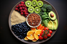 Rainbow Assortment Of Healthy Foods , Fresh Raspberries, Kiwi Slices, Blueberries, Almonds ,quinoa, Avocado, Tomatoes, And Crisp Greens. Healthy Food