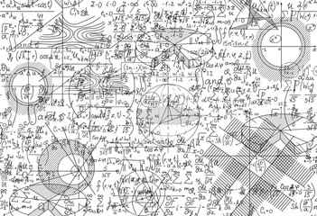 Wall Mural - math vector seamless pattern with handwritten figures, calculations and formulas shuffled together