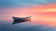 A Peaceful Image Of A Small Boat Floating On A Calm Sea At Sunset