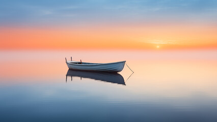 Wall Mural - A peaceful image of a small boat floating on a calm sea at sunset