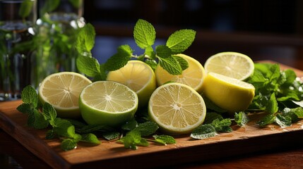 Wall Mural - Slices of lime and lemon arranged on a weathered cut