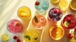 assorted fresh juices on light background overhead view,for summer season 