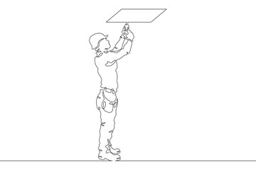 Wall Mural - A builder works with tools. Man in work clothes.Handyman. Wrench. Repair. One continuous line drawing. Linear. Hand drawn, white background. One line.