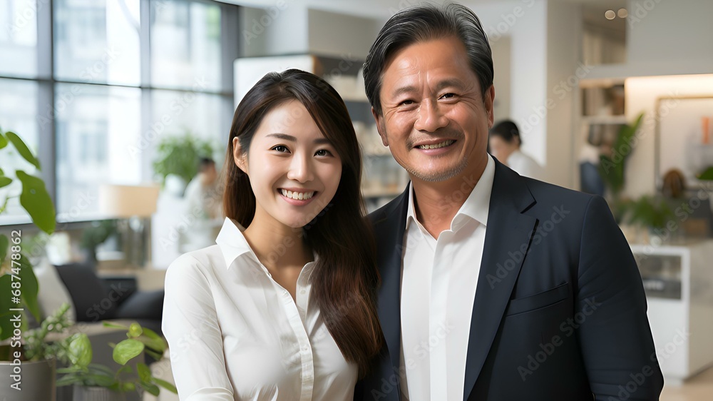 Business: a happy man and a woman of Asian appearance appearance in ...