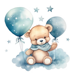 Wall Mural - cute bear with balloons, watercolor illustration, png