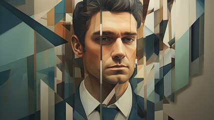 Wall Mural - Abstract cubist business portrait, realistic facial details, intersecting lines and planes