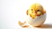 Charming Moment Of A Chick Hatching, With Fluffy Yellow Feathers, Head And Legs Peeking Out From The Cracks Of Its Eggshell. 
