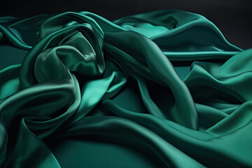 Wall Mural - Abstract green smooth silk background. Satin elegant luxury fabric. Beautiful soft folds on the surface of the fabric. Generative AI