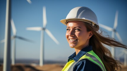 Wall Mural - a beautiful female engineer smiling at the camera with electricity producing wind turbines in background.