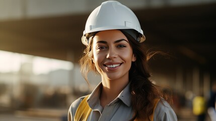 Wall Mural - Beautiful female engineer, white skin. looking at camera On a construction site. Smiling ethinic woman 