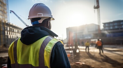 Canvas Print - View from behind, A civil engineer stands looking at the construction site. Skilled workers at construction sites