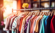 Assorted Colorful Clothing On Hangers At A Modern Boutique With A Cozy, Sunlit Ambiance And Blurred Background